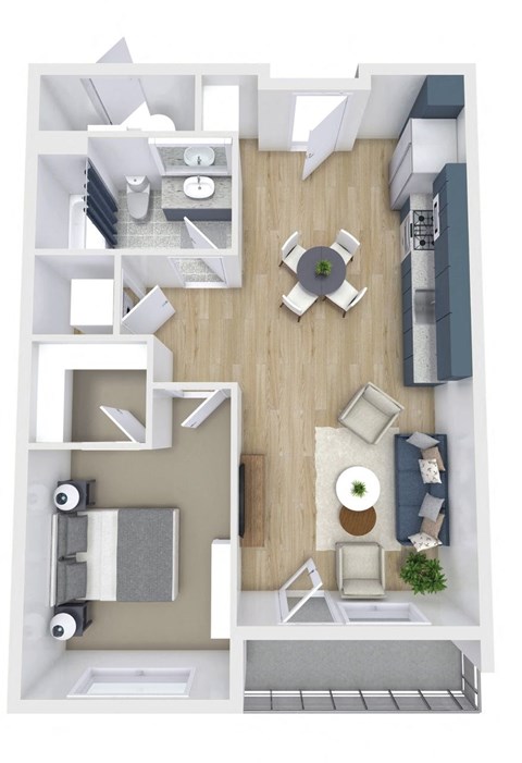 a 2 bedroom floor plan with a desk and a living room